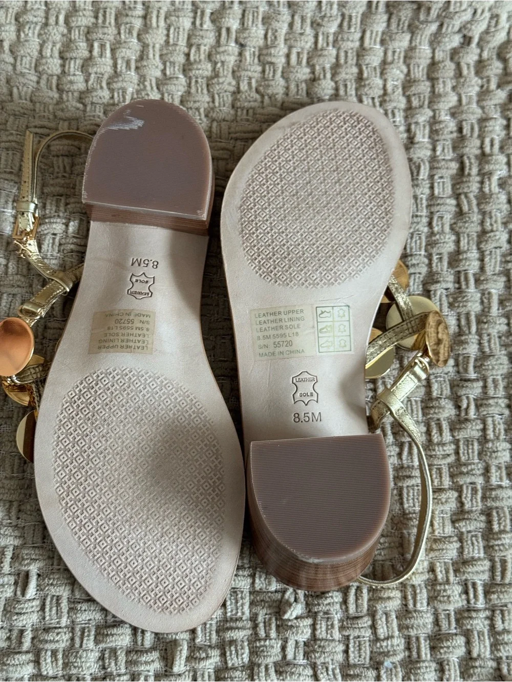 Tory Burch Gold Metallic Disc T-Strap Low Block Heel Sandals